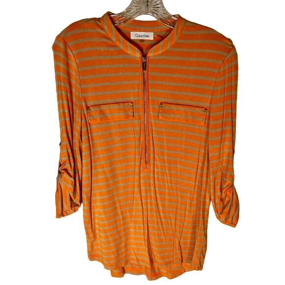 Women’s Calvin Klein Orange Tan Stripe 1/4 Zip, 3/4 Sleeve Roll Tab Sz Sm - Picture 1 of 6